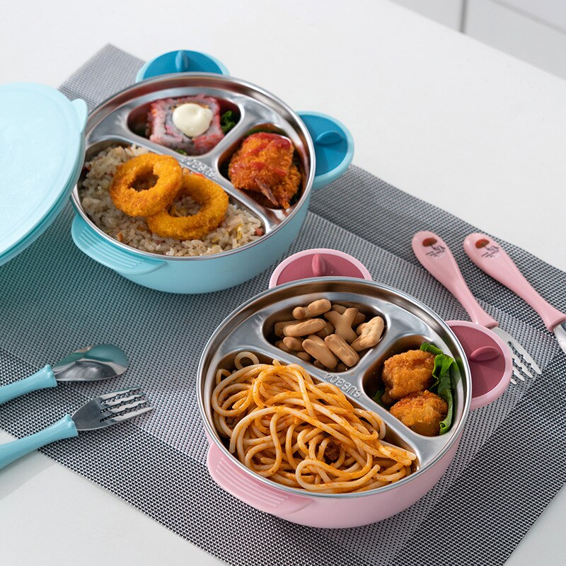 Plato de comedor de acero inoxidable para niños, ventosa anticaída para bebés, Bol Lleno de agua de calor para conservar Su plato divisorio