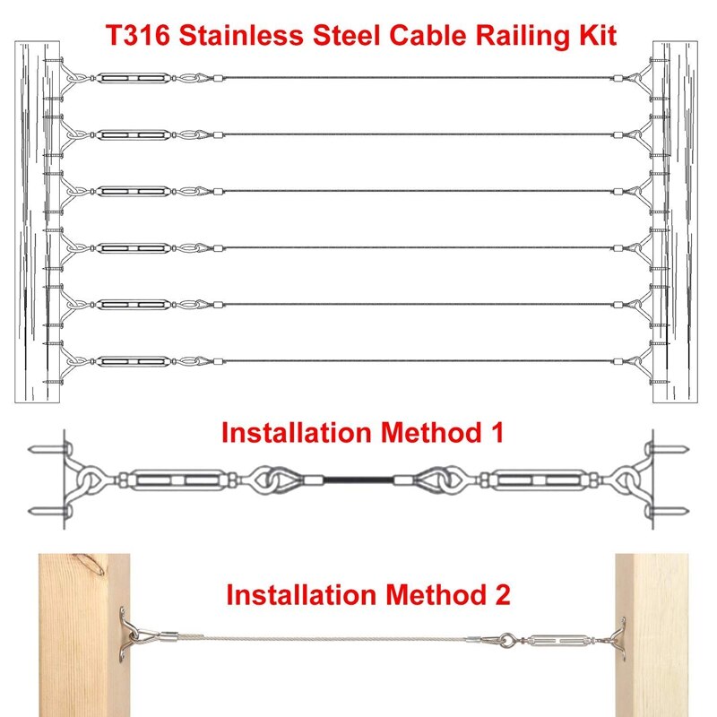25 Pack Heavy Duty T316 Stainless Steel Cable Railing Kits for Wood Posts DIY Balustrade Kit with Jaw Swage Fork Turnbuckle