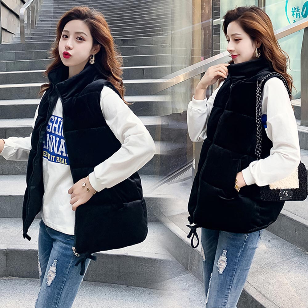 Pinkyisblack ärmlös dam väst jacka vinter kort sammet dunväst kvinnlig stativ krage väst dam vindtät varm väst: Svart / Xxl