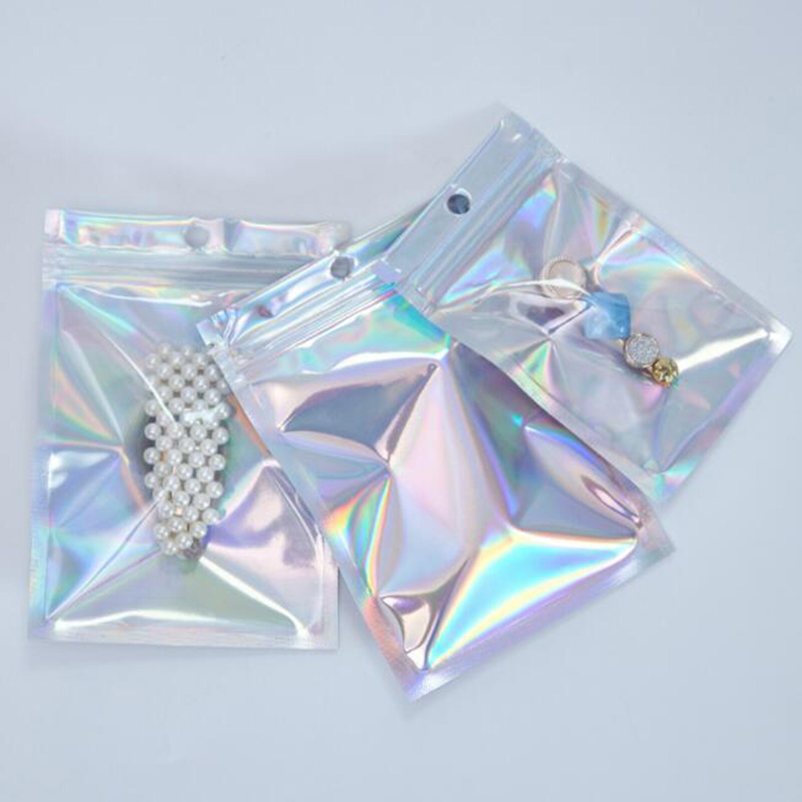100Pcs/pack Plastic Bag Aluminum Foil Hologram Food Pouch Small Water Proof Zipper Reclosable Pouches Zipper Storage Bags