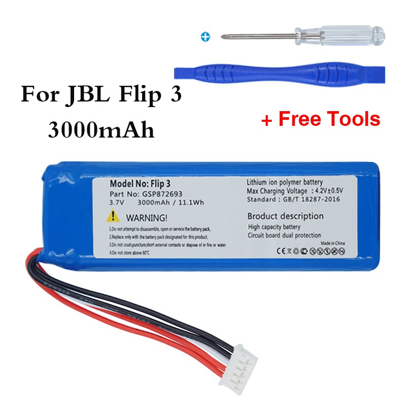 Batería de 3,7 V 3000mAh GSP872693 Paquete de batería recargable para altavoz JBL Flip 3, Flip 3 Edición Especial