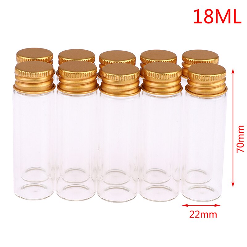 10 stk 5ml/7ml/10ml/14ml/18ml/20ml glassflasker med aluminiumslokk små miniglass 6 størrelser u-plukke: E