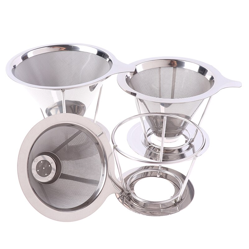Double Layer Drip Coffee Filter Stainless Steel Reusable Cone Funnel Strainer Coffe Filter Holder