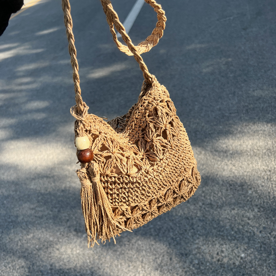 Bolso de playa cuadrado de paja tejida para mujer, detalle de flecos ligero, cierre de cremallera, perfecto para vacaciones y salidas de verano ﻿ bolso: Caqui