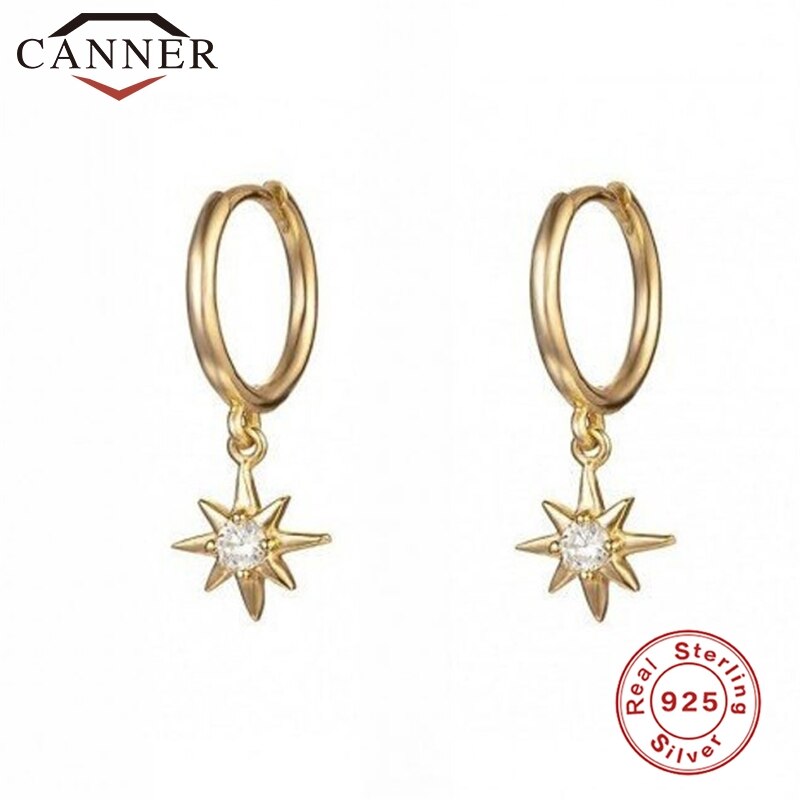 925 Sterling Silver Hoop Earrings for Women Minimalist INS Anise Star Small Sun CZ Crystal Zircon Earrings Jewelry: gold