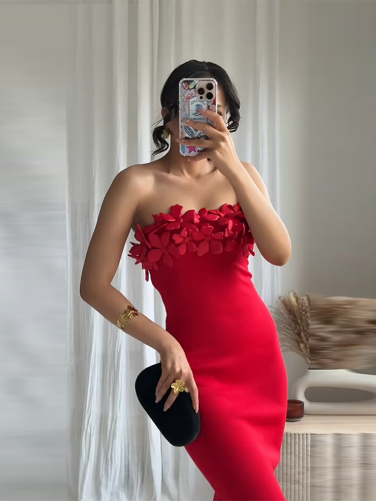 Strapless 3D Bloem Vrouwen Jurk Off Schouder Sexy Backless Slim Fit Satijn Effen Kleur Jurk Gewaden Elegante Wrap Hip Lange Jurken