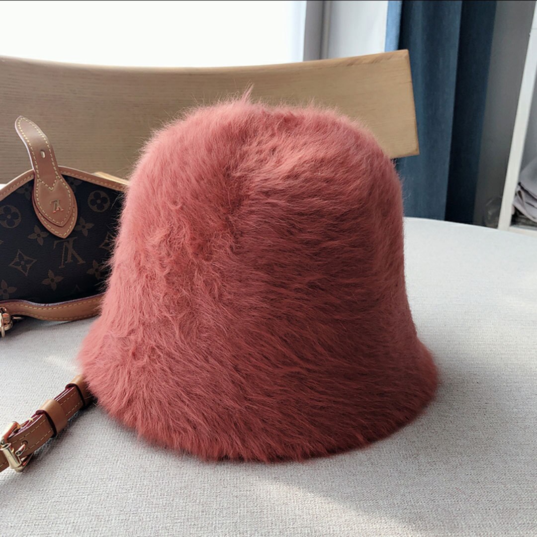 Sombrero de pelo de conejo para mujer, sombrero de pescador de felpa del Joker, versión coreana, muestra la cara, sombrero de cubo pequeño, sombrero de lavabo de día cálido: Orange