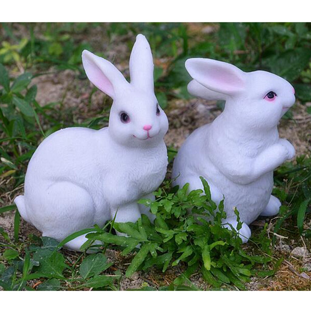 Lifelike Rabbits Sculpture Statue Lawn Ornament Home Office Table Decoration, 1 Pair