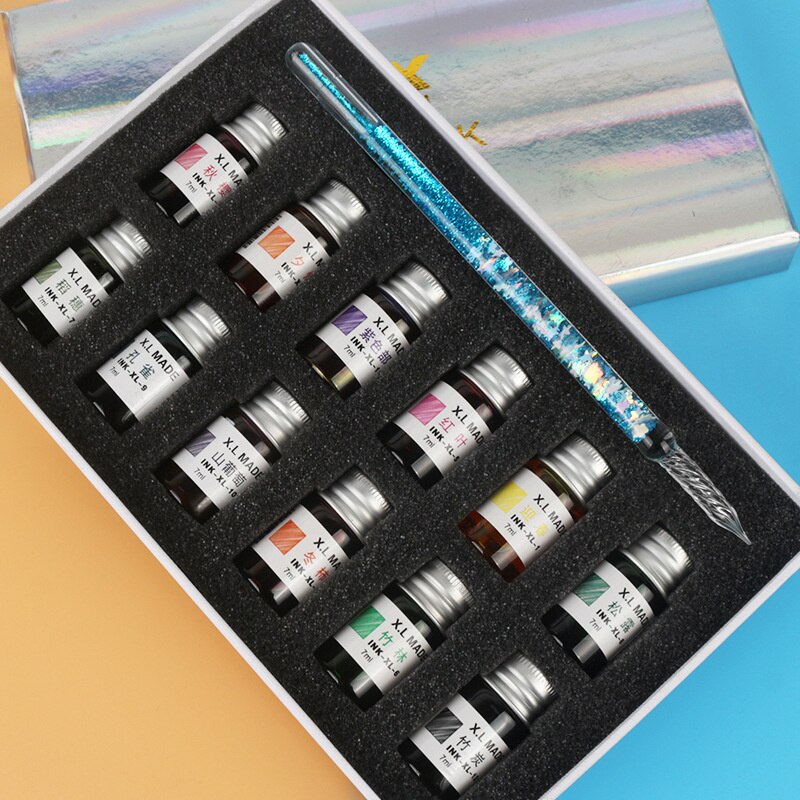 7/13pcs Glass Dip Pen And Blue Ink Sets Box Sequin Series Signature Pencil Handicraft Dip Pens Glass Pencils: Sequin Blue