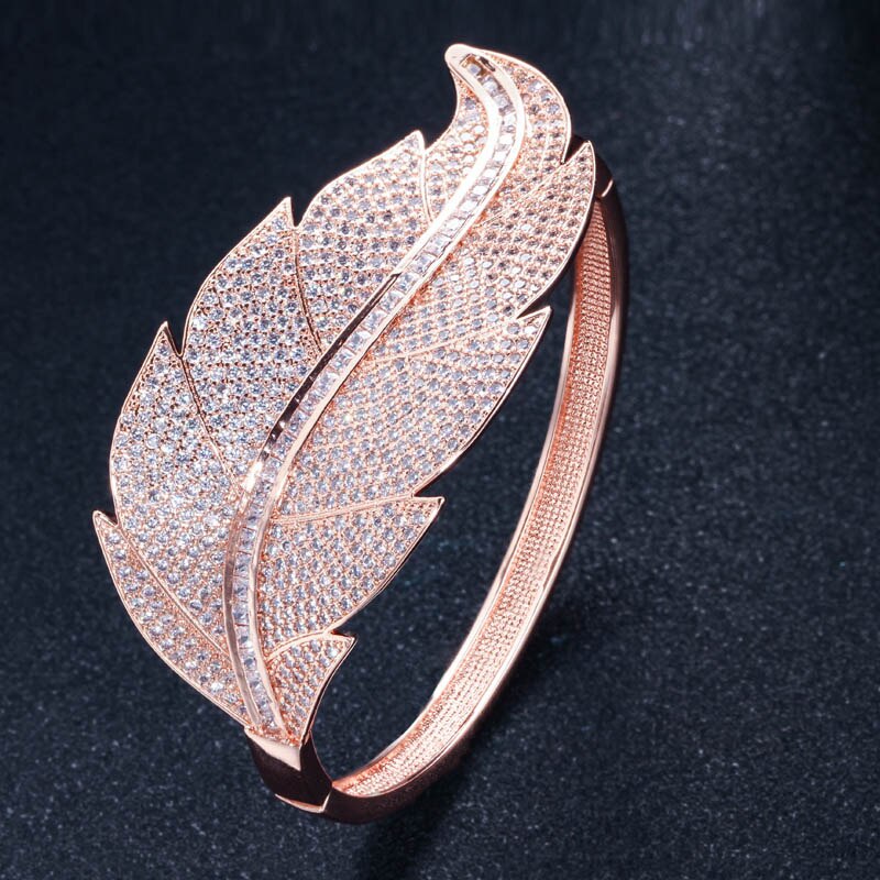 CWWZircons Luxury Brand Women Wedding Jewelry Cubic Zirconia Leaf Shape Big Wide African Dubai Rose Gold Open Bangles BG015: rose gold