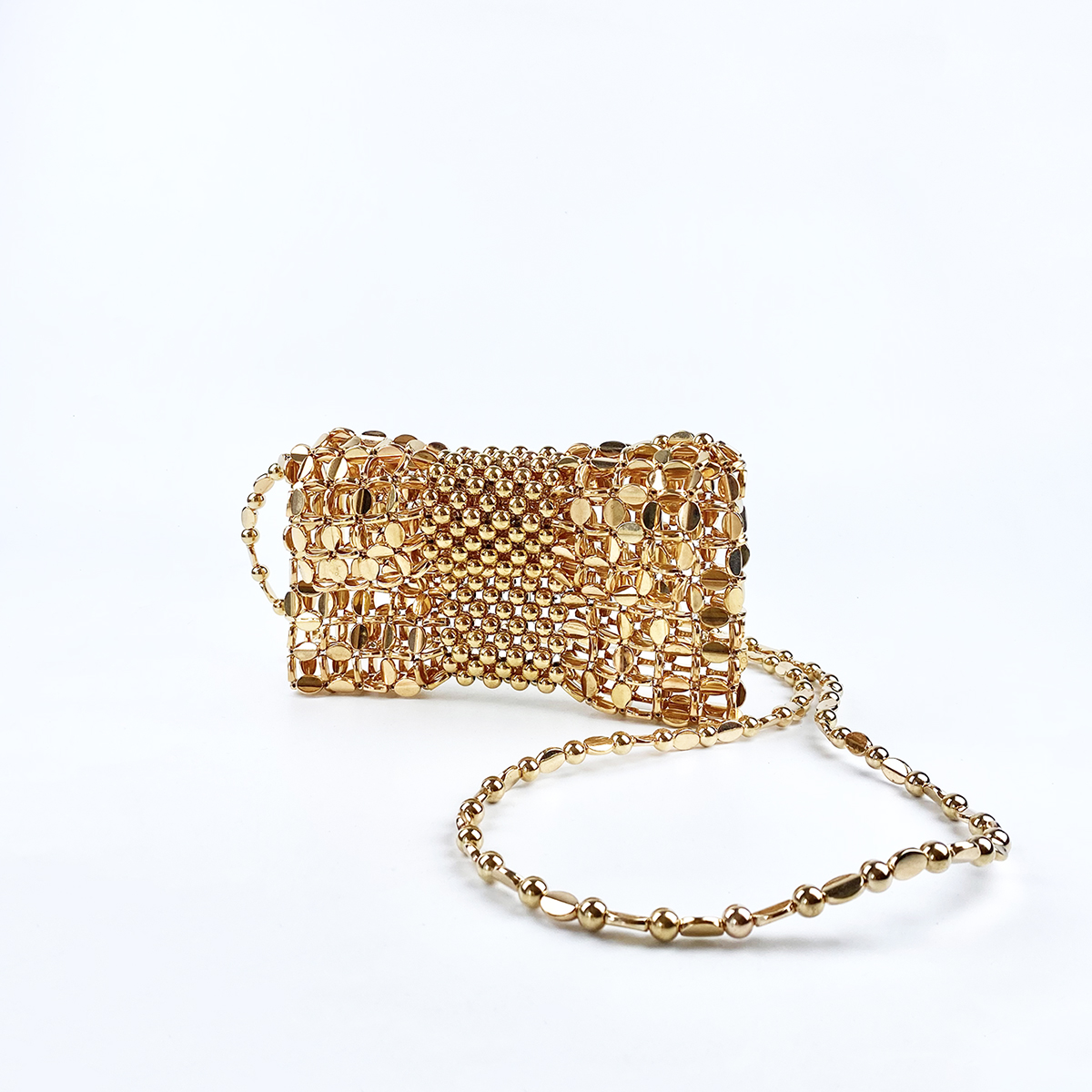niche goud geweven ketting mobiele telefoon nul portemonnee crossbody handgemaakte dames geweven crossbody tas met kralen: Goud