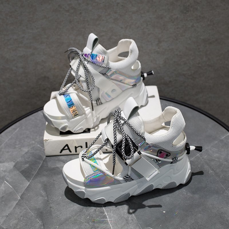 Kobiety Chunky sandały platformy 10cm Super wysokie obcasy obuwie brytyjski styl projektanci kobieta Wedge moda sandały damskie 2020: white / 38