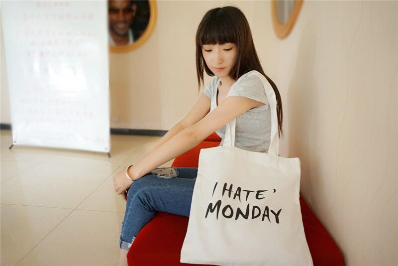 YILE Brand Lace Up Cotton Canvas Two Straps Shoulder Bag Handbag Print I Hate Monday E101: White