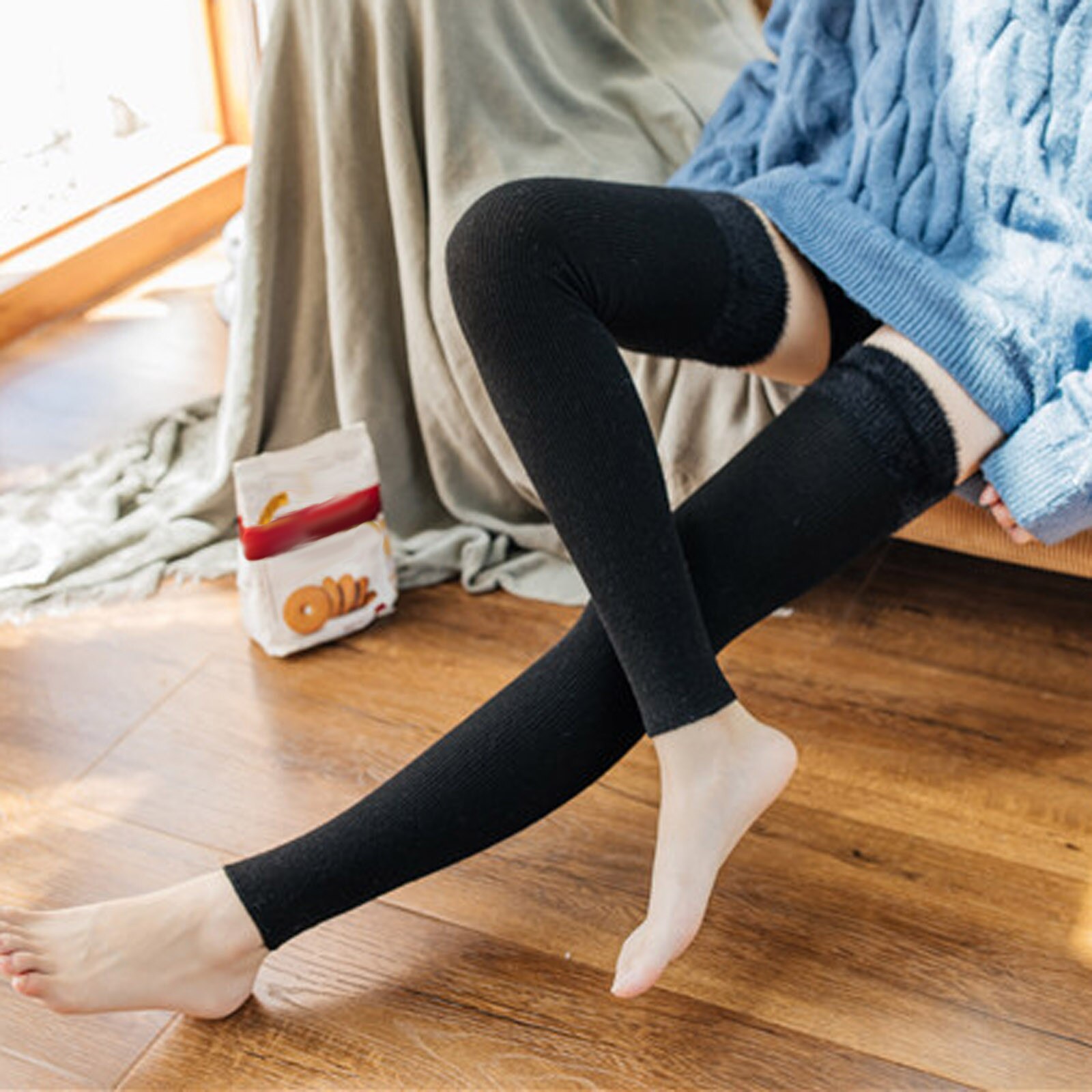Winter Leggings Socks Women Keep Warm Splicing Socks Knitting Anklets Leggings Socks Warmers Cable Knit Knitted Crochet Leg: A Black 