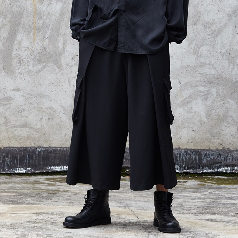 Men's nine minute trousers spring/summer Yamamoto style Dark Black Japanese culottes low crotch wide leg trousers for men: Default Title