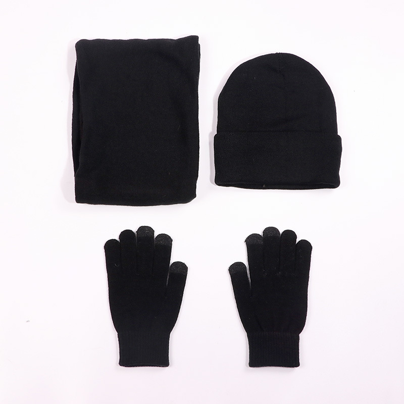 Tørklæde hue handsker til kvinder mænd vinter huer kasketter touch screen handske strik dame hatte hals varm hagesmæk balaclava maske gorras bonne: Sort