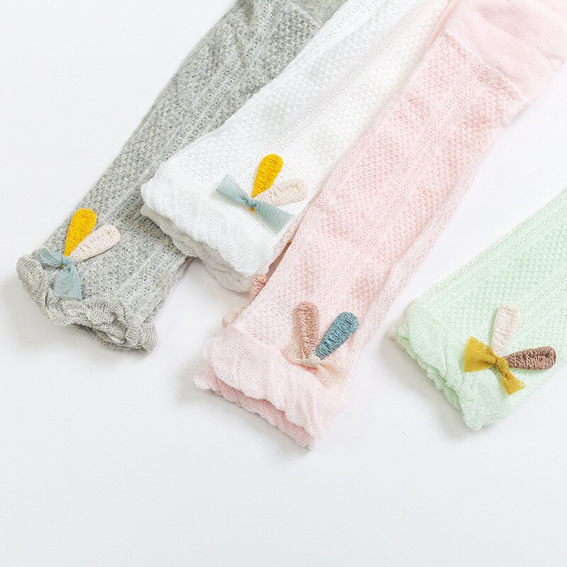 Småbarn baby bomull stickade leggings vår sommar barn tunn sektion ihålig anti-mygg flicka kanin öra strumpbyxor