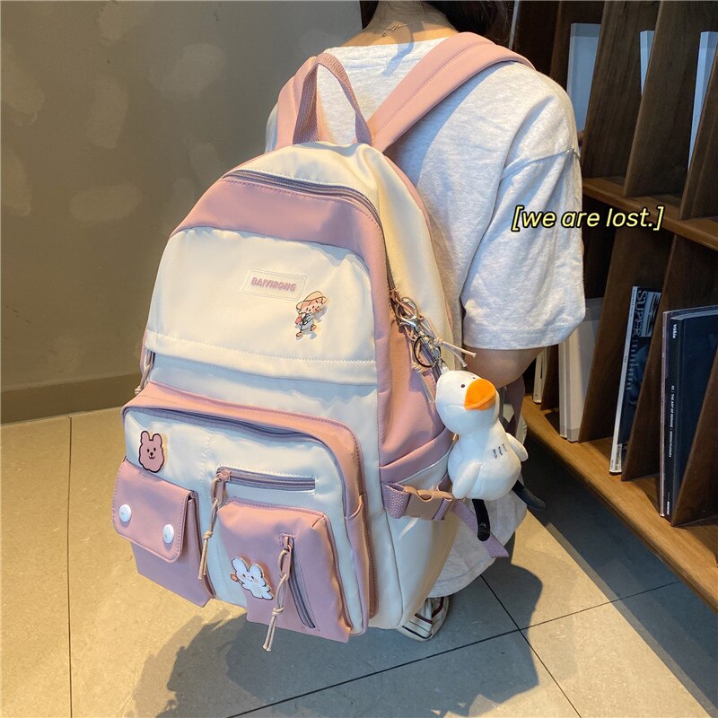 Kawaii Multi-pocket Women Backpack Female Waterproof Nylon Travel Bag College Girl Schoolbag Contrast Color Laptop Backpack