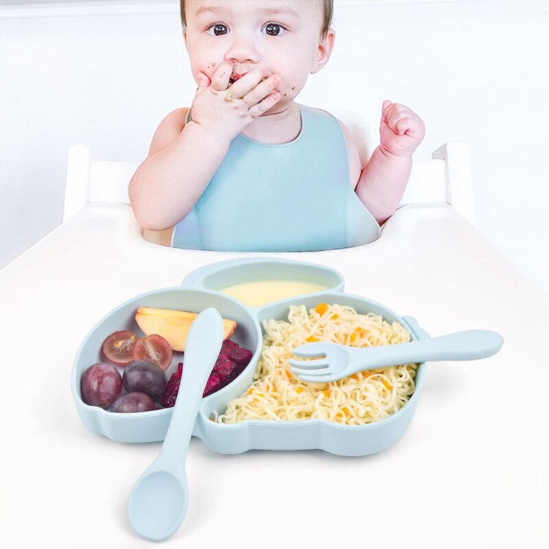 Baby Suction Bowl Divided Dinner Plate Infants Learning Feeding Dish Non-toxic BPA-Free Silicone Solid Color Cute Cartoon
