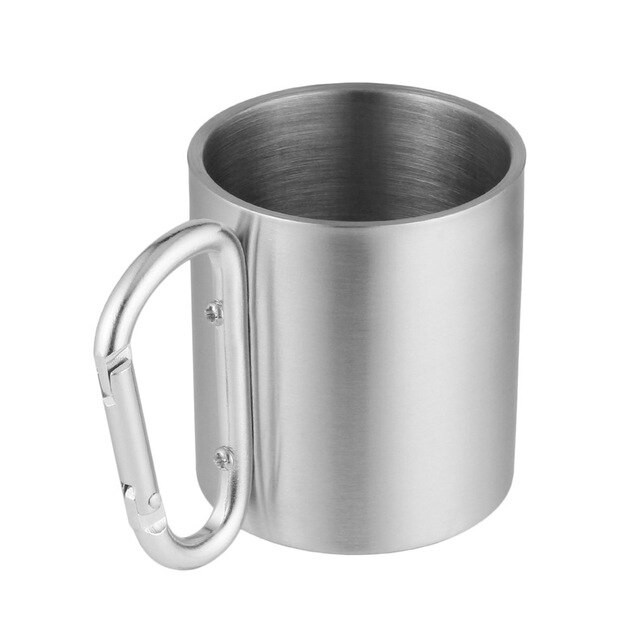 330Ml Camping Reizen Cup Met Lepel Double Wall Mok Karabijnhaak Handvat Cup Cooking Supplies Rvs Cup Servies