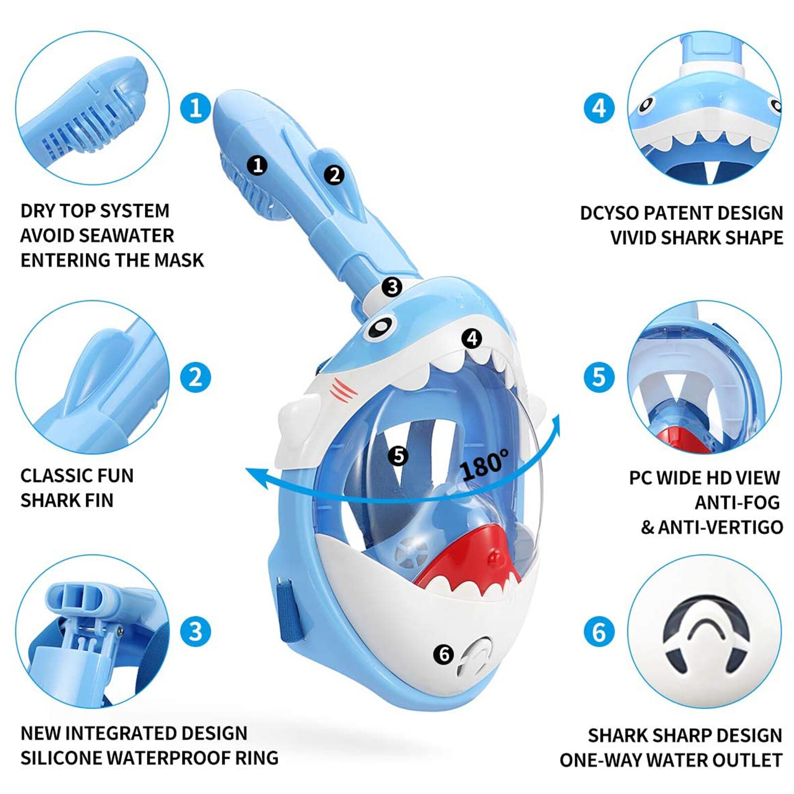 Liquid Silicone Children's Snorkel Shark Mask Full Face Foldable Diving Mask with Breathing Tube Anti-fog Panoramic View Masks