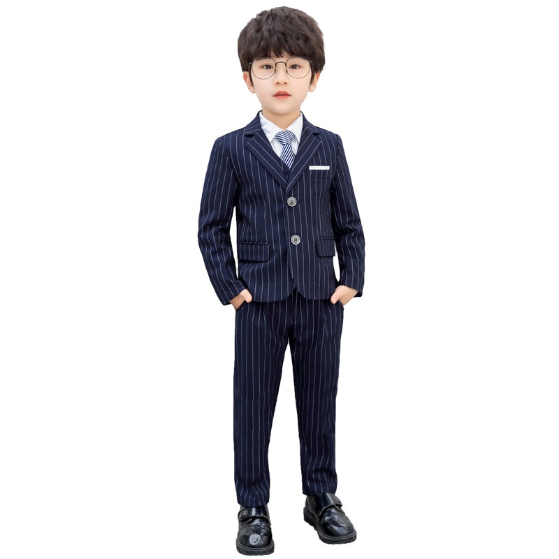 Children Formal Suits Flower Boys Wedding Party Performance Host Costume School Kids Striped Blazer Vest Pants 3pcs Outfits