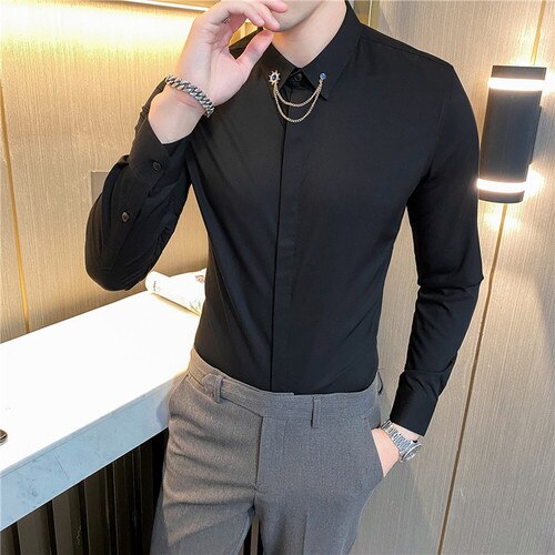 Brand clothing Men&#39;s cotton Business Dress Long Sleeve Shirts/Male Slim Fit Lapel Casual shirts Camisas De Hombre S-3XL: black / Asia XL 64-69kg