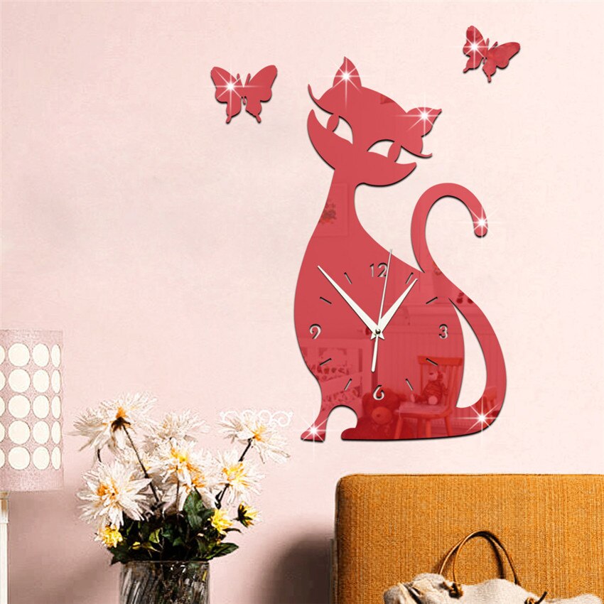 Acrylic Mirror Wall Clock Cartoon Cat Pointer Clock Watch Office Living Room Wall Mounted Clocks Decoration часы настенные: mirror - red