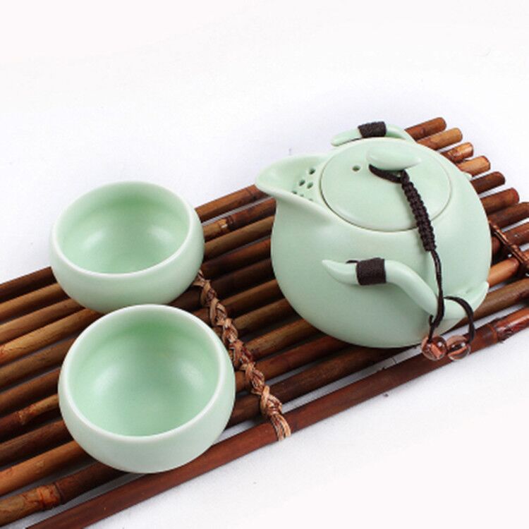 Juego de té portátil que incluye 1 tetera y 2 tazas de té, tetera bonita y fácil, tetera portátil de cerámica de viaje China gaiwan: Green