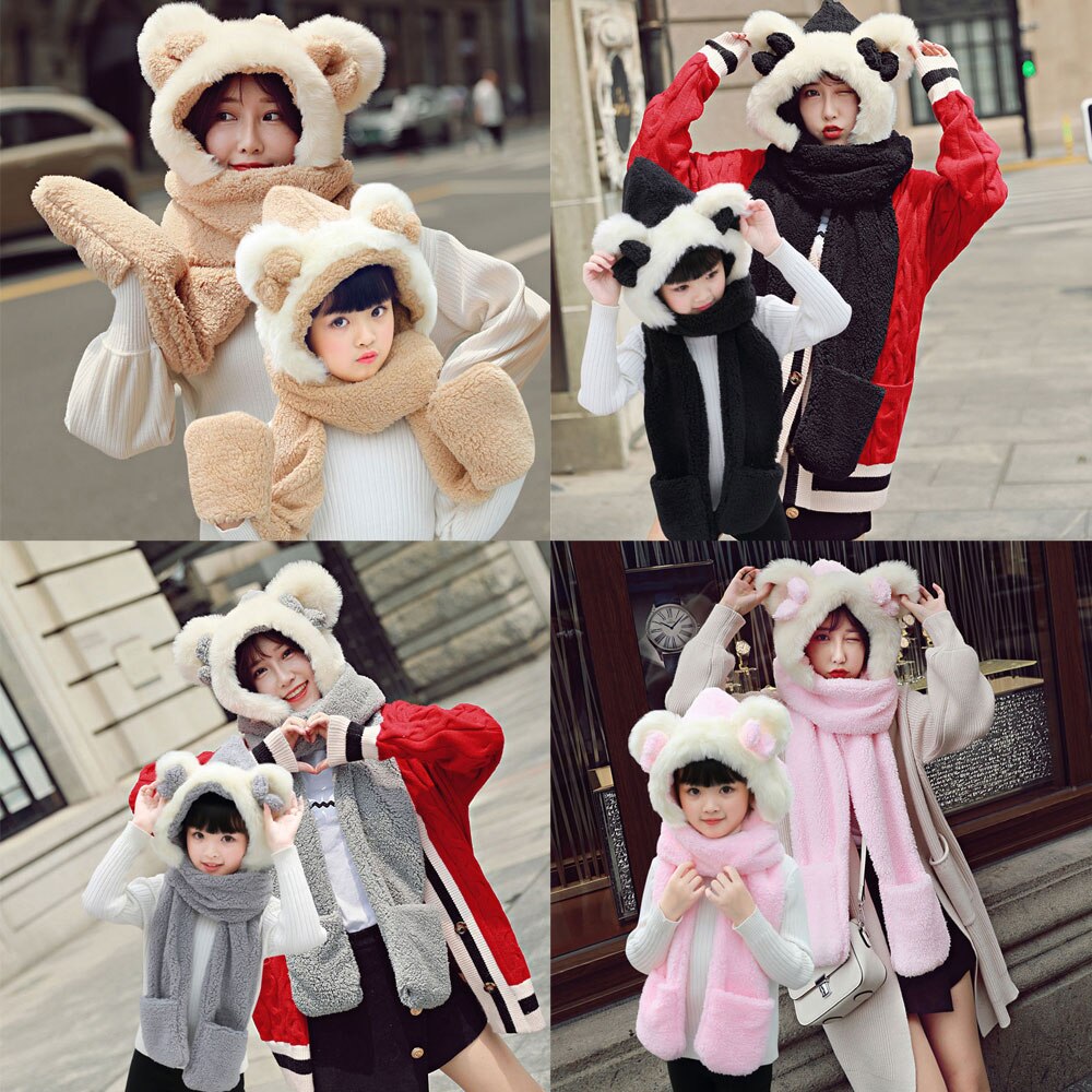 Baby Girls Mom Ears Hats Children Women Winter Warm Plush Winter Scarf Caps Gloves Cute Kids Cute Bunny Funny Hats Cap