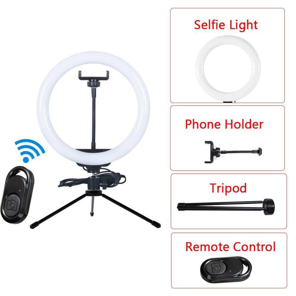 Ring light de led com tripé, ajustável, para selfie, com usb, lâmpada para fotografia, vídeos, maquiagem, lives e estúdio: Default Title