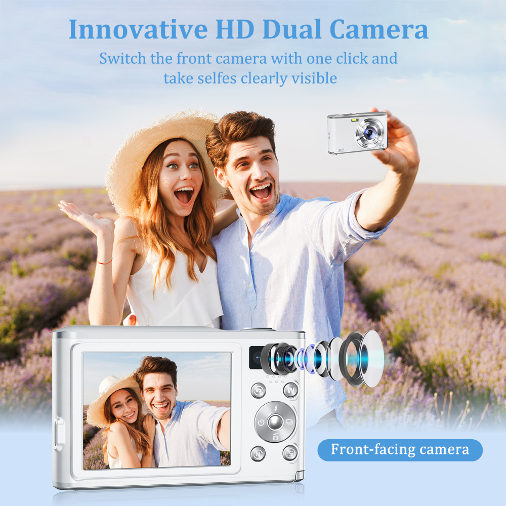 Cámara digital 4K Cámara Vlogging con enfoque automático con lente delantera y trasera, tarjeta de 32 GB, cámara selfie con zoom digital de 48 MP y 16X, negro, blanco