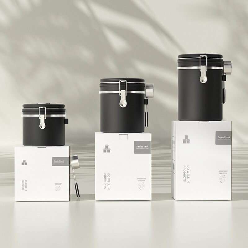 Coffee Bean Sealed Tank 304 Stainless Steel Exhaust Valve Breathable Sealed Storage Tank with Spoon Fresh-keeping Coffee Tank