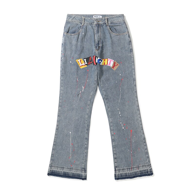 Pantalones vaqueros desgastados con estampado de salpicaduras para hombre y mujer, ropa de calle de retales de Hip Hop, corte de bota, lavado pesado, rasgados, ajustados: Azul / Asian M