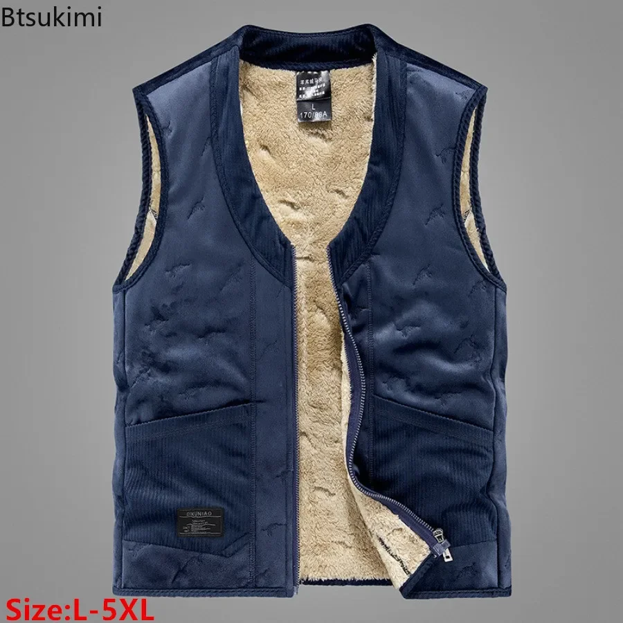 Outono inverno masculino sem mangas colete jaqueta moda algodão-acolchoado mais velhos engrossado colete casacos masculino quente cordeiro velo colete