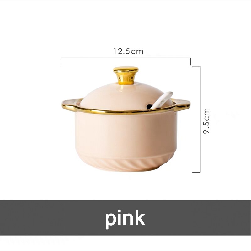 Cuenco de cerámica con tapas y cuchara para azúcar, juego de frascos de especias para condimentos de lujo, contenedor de almacenamiento de azúcar para Cocina: pink