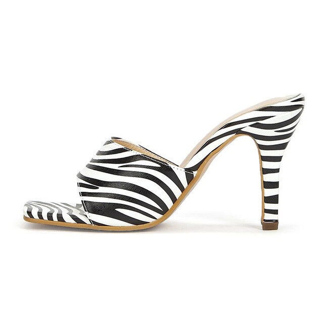 Sexy Zebra sandal Square Head Peep Toe Thin High Heels Slippers Summer Slip On Slides Women Mules Party Shoes