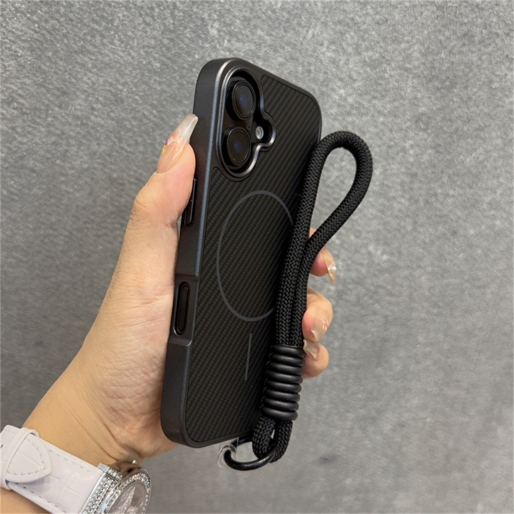 Luxury With Lanyard Kevlar Pattern For Magsafe Phone Case For iPhone 16 15 14 13 12 Pro Max Magnetic Wireless Charging Cover: Khaki / For iPhone 14 Pro