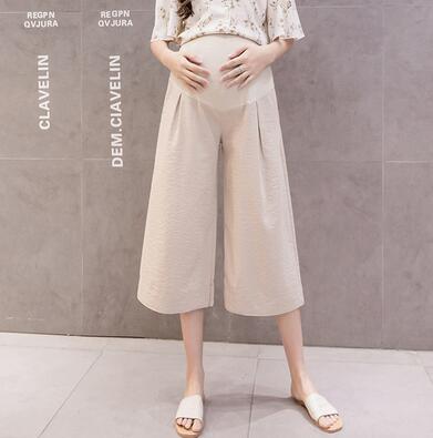 Sommar gravida kvinnor bomull och linne vidbenta byxor lösa enfärgade byxor för gravidmage lösa casual culottes: Beige / L