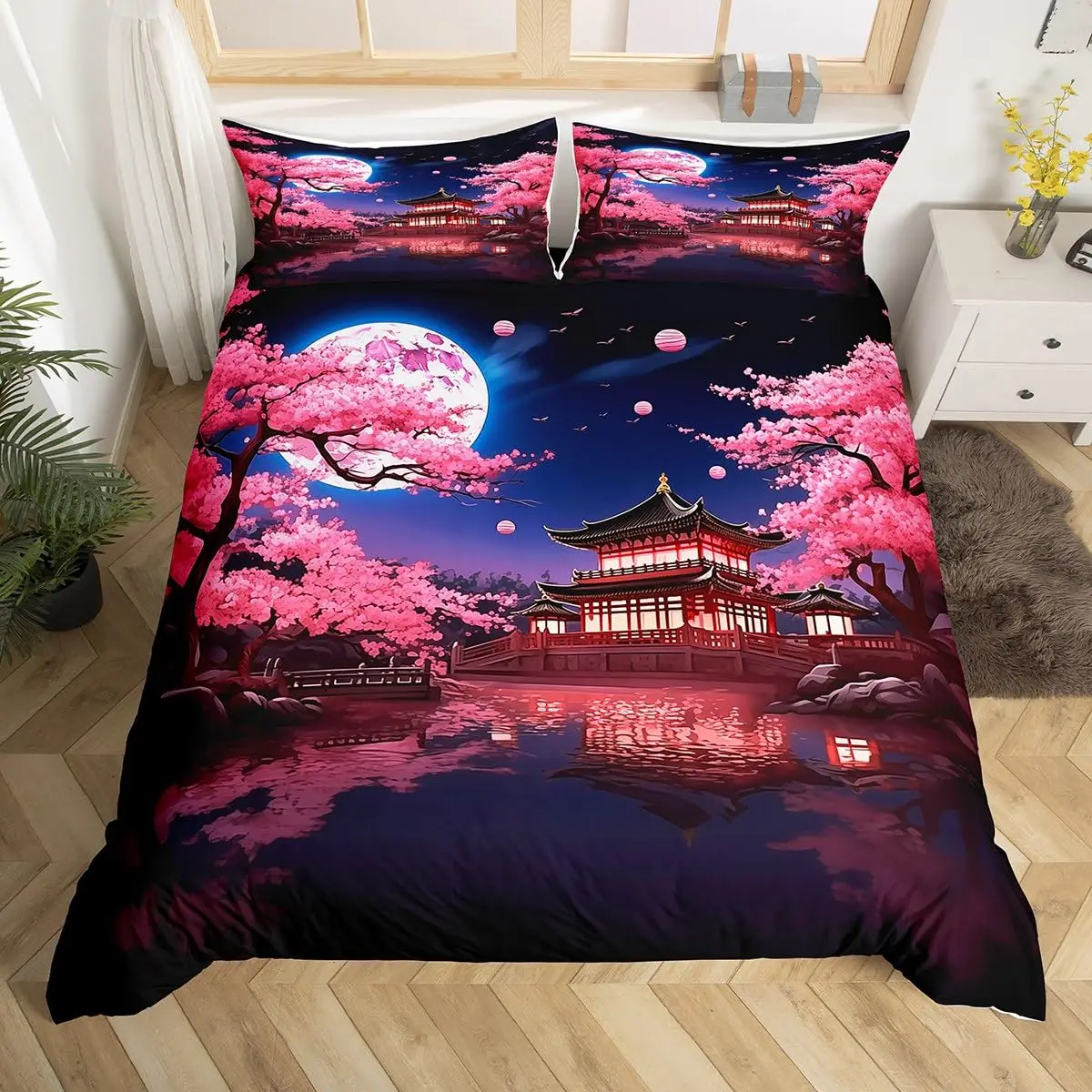 Japanese Building Duvet Cover Sets for Teens Queen Size Quilt Covers Lightweight Down 2 Pillowcases 1 Duvet Cover No Comforter: Full / Clear