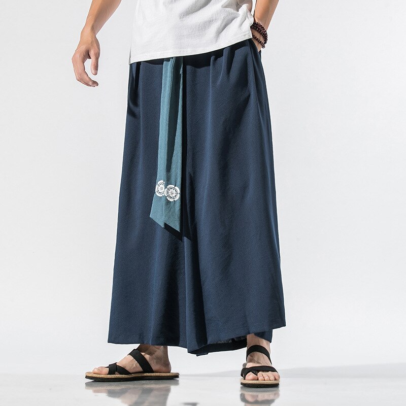 Japanese Traditional Samurai Style Kimono Loose Casual Wide Leg Pants for Men Streetwear Linen Male Solid Trouser Pants