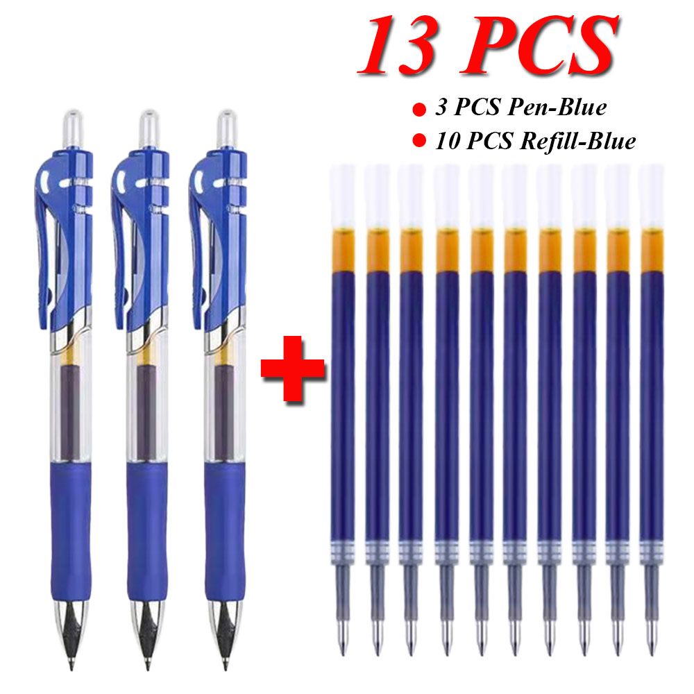 Juego de 13 Uds de bolígrafos de Gel retráctiles, tinta negra, roja y azul, bolígrafo de 0,5mm, recambios reemplazables, suministros escolares de oficina, papelería: Azul