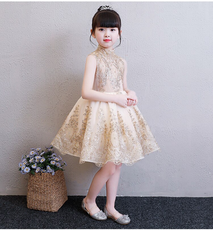 Golden Tulle Flower Girl Dress Party Kids Pageant Gown Princess Wedding Dress Sleeveless First Communion Dresses 1-14T