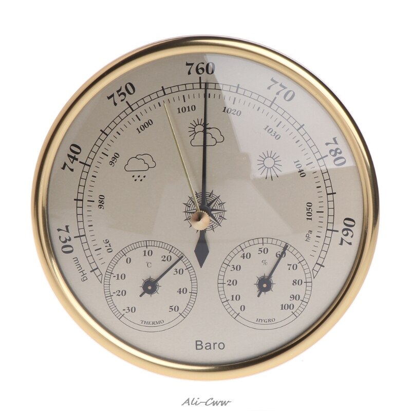 Wall Mounted Household Barometer Thermometer Hygrometer Weather Station Hanging: Gold