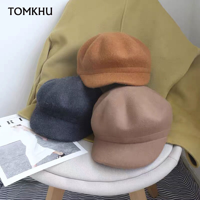 Tomkhu 100%  ullfilt vinter hestelue fast varmere kvinner beanies lokk klassisk fransk stil beret femme beanies damer lokk