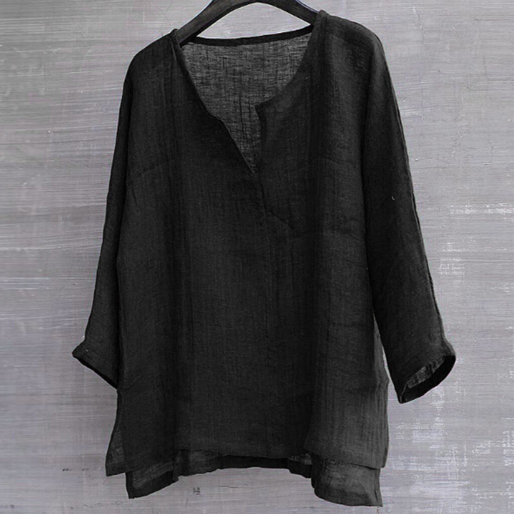 Linnen Mannen Grote Maten Heren Korte Ademend Comfy Effen Kleur Lange Mouwen Losse Casual Blouse Wit Overhemd Mannen: Black / 4XL