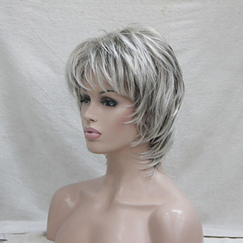 Hairjoy syntetiskt hår peruk lockig pixie-frisyr lager-på-lager med lugg markerade balayage grå peruk
