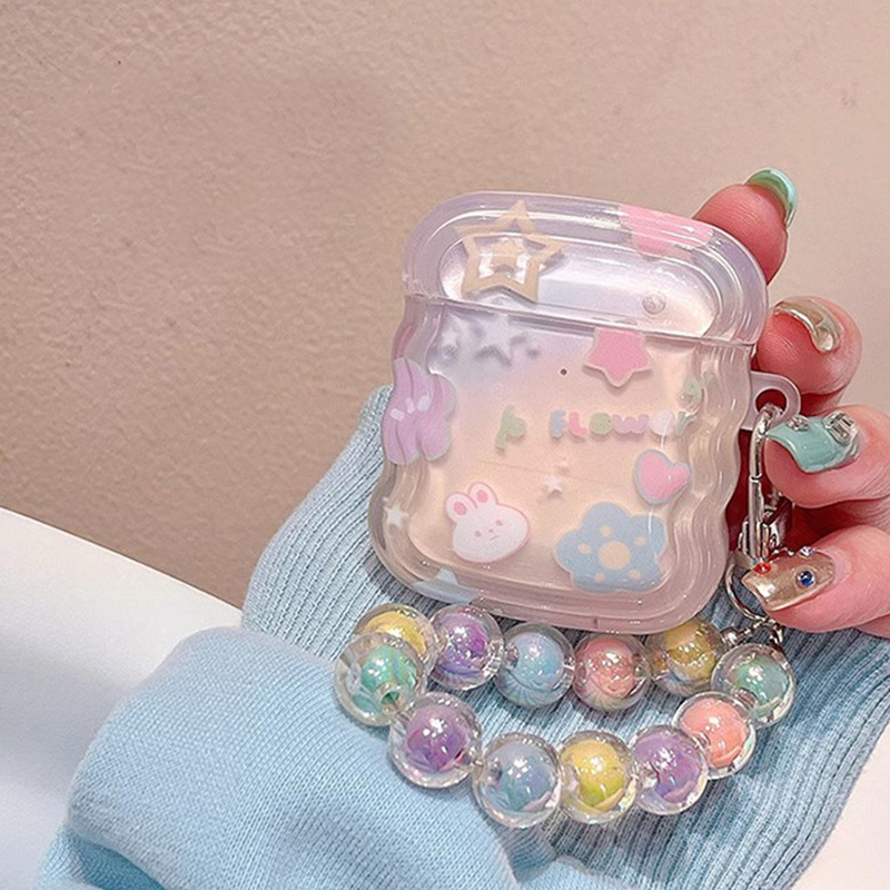 Koreanskt sött hörlursfodral med 3d rosa stjärnor och vågig kant till airpods 1 2 3 med kärlekshjärta och pärlhänge, mjukt fodral till airpods pro 2: 2xs / Ljusblå