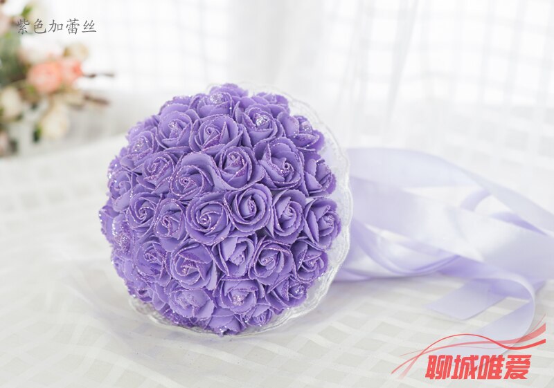 Mooie Paars Bruidsboeket Handgemaakte Bridal Bloem Bruidsboeketten Kunstmatige Parels Bloem Roos Boeket roze paars wit