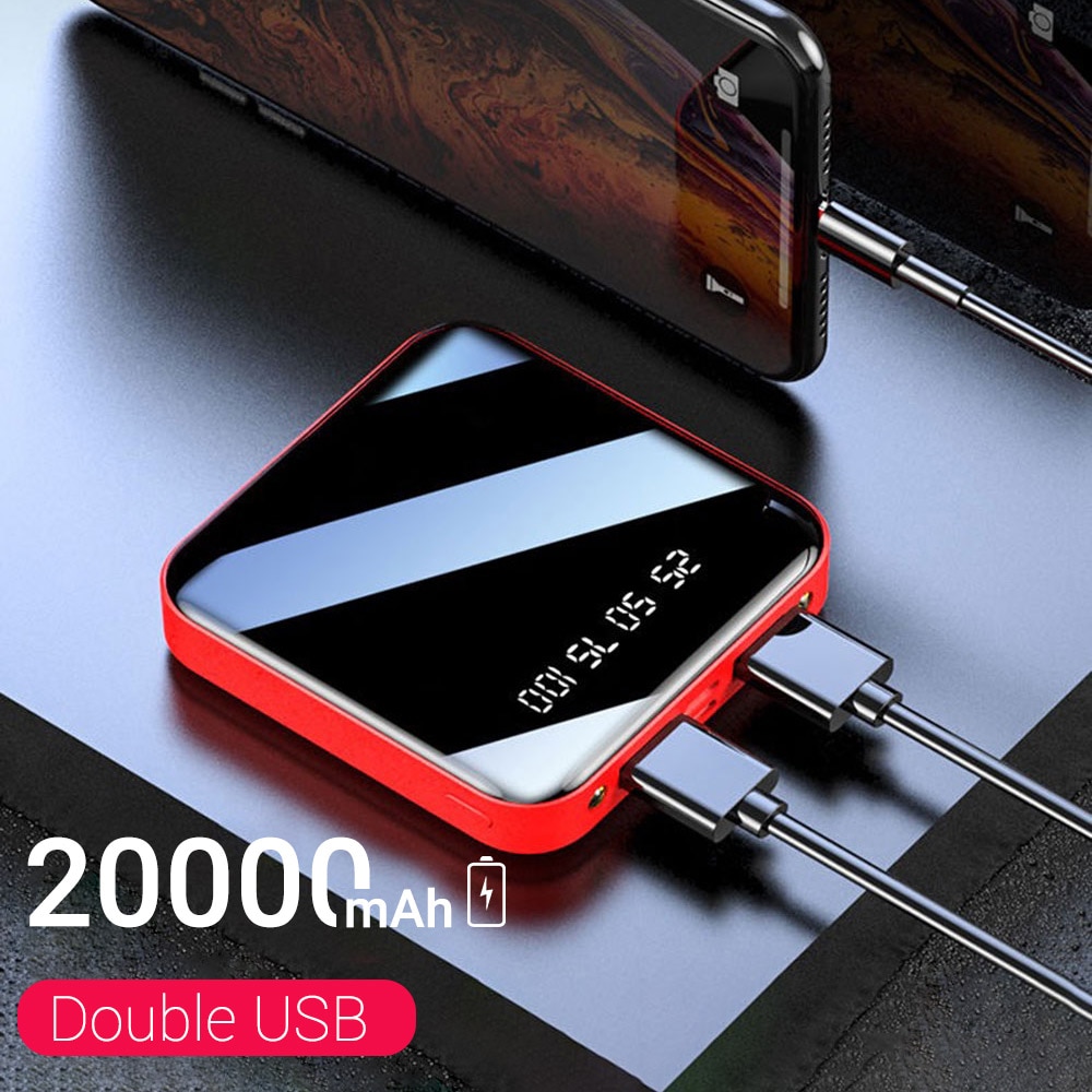 Power bank 20000 mah bærbar opladning poverbank mobiltelefon led spejl tilbage power bank ekstern batteripakke powerbank